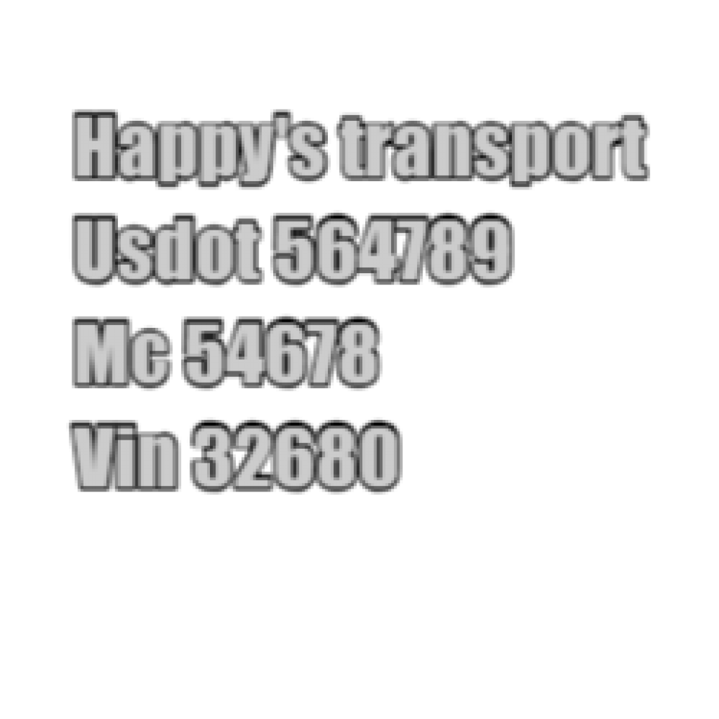 Happy's transport
Usdot 564789
Mc 54678
Vin 32680