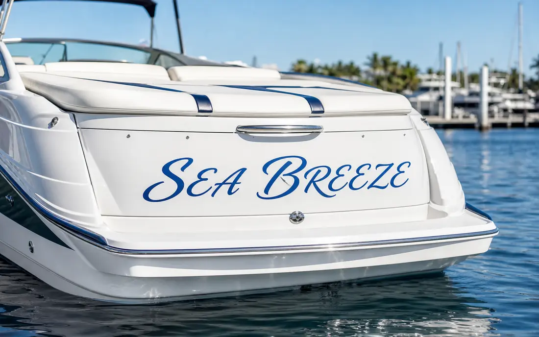 Custom blue script boat-name vinyl lettering on a white boat transom